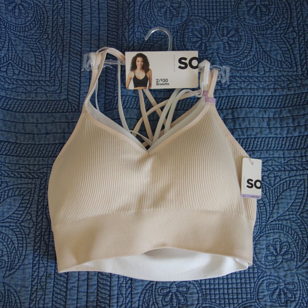 SO 2-Pack Lightly Lined Strappy Seamless Bralette Set White Cream (XL/38B) NWT!